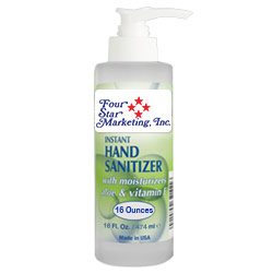 16 Oz. Pump Sanitizer w/ Aloe & Vitamin E - USA Made - Imprinted - In stock NOW and ready to ship! 16 oz. gel hand sanitizer with moisturizers aloe and vitamin E. Packaged in a convenient bottle with pump. Made in the USA. 70% ethyl alcohol formula is effective at eliminating 99.9% of many common harmful germs and bacteria. Includes your full-color logo on a custom sticker, which is then applied to the bottle. Must be ordered in case pack quantities of 12.
