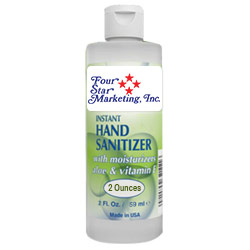 2 Oz. Hand Sanitizer w/ Aloe & Vitamin E - USA Made - Imprinted - In stock NOW and ready to ship! 2 oz. gel hand sanitizer with moisturizers aloe and vitamin E. Made in the USA. 70% ethyl alcohol formula is effective at eliminating 99.9% of many common harmful germs and bacteria. Includes your full-color logo on a custom sticker, which is then applied to the bottle.
