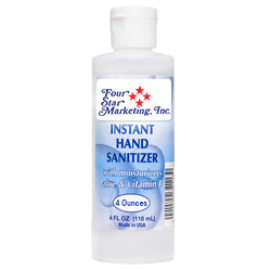 4 Oz. Hand Sanitizer w/ Aloe & Vitamin E - USA Made - Imprinted - In stock NOW and ready to ship! 4 oz. gel hand sanitizer with moisturizers aloe and vitamin E. Made in the USA. 70% ethyl alcohol formula is effective at eliminating 99.9% of many common harmful germs and bacteria. Includes your full-color logo on a custom sticker, which is then applied to the bottle.