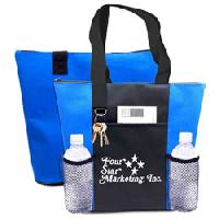 Travelstar Zippered Meeting Tote - Heavyweight 600 Denier Polyester Canvas. Size: 15"L x 6"W x 14.5"H. Features include zippered closure, front slip pocket, two mesh pocket bottle holders, and badge keyring. <a href="https://www.conventionbags.com/product/T-2-CUSTOM/CUSTOM---Travelstar-Zippered-Meeting-Tote.html?cid=" id="make-it-custom-link">Make-It-Custom</a> with over 30 different bag colors and features to choose from!