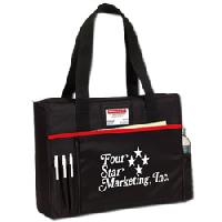 Travelstar Full-Feature Conference Tote Bags - Heavyweight 600 Denier Polyester Canvas. Size: 16" x 12" x 4-1/2". Imprint Area: 9" W x 6" H. Zippered main compartment, shoulder straps, transparent identification window and front sleeve pocket. Vertical zippered pocket, triple pen pockets and side mesh bottle holder. <a href="https://www.conventionbags.com/product/T-6-CUSTOM/CUSTOM---Travelstar-Full-Feature-Conference-Tote-Bags.html?cid=" id="make-it-custom-link">Make-It-Custom</a> with over 30 different bag colors and features to choose from!