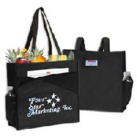Recyclable Pocket Identity Tote Bags - CLOSEOUT! Recyclable Lightweight Non-Woven Material. Size: 14 x 14 x 4-3/4. Reuse, Reduce, Recycle with this tear resistant water repellent tote containing recycled materials. Features full front pocket, large side pocket for water bottle, eco business card pocket and velcro closure. Function and design finally meets earth friendly necessity. <a href="https://www.conventionbags.com/product/T-901-CUSTOM/CUSTOM---Recyclable-Pocket-Identity-Tote-Bags.html?cid=" id="make-it-custom-link">Make-It-Custom</a> with 