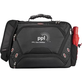 elleven Checkpoint-Friendly Compu-Attache - Includes designated laptop-only section that unfolds to lay flat on the X-ray belt to increase your speed through security. Back zippered compartment holds up to 17" laptops and has separate zippered pocket. Main zippered compartment for file dividers and mesh pocket organization. Front zippered pocket holds the removable techtrap elastic organizer panel, media pocket with earbud port and deluxe organization. Front lower and hidden pockets for valuables. Elastic shock cord on exterior side pocket for additi
