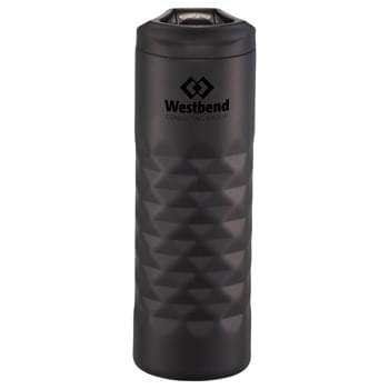 elleven Leak Proof Copper Vacuum Tumbler 16oz - Design features an intricate geometric cut.  Leak-Proof designed slide open lid.  Double-wall copper vacuum insulated stainless steel construction.  Keeps drinks hot for 8 hours and cold for 24 hours.  Trendy, durable powder finish.   Exclusive.  16oz.
