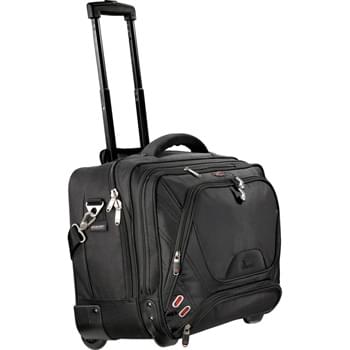 elleven Checkpoint-Friendly Wheeled Compu-Case - Large main zippered compartment includes removable padded TSA-compliant laptop sleeve expediting airport security. Holds most 17" laptops. Main zippered compartment is spacious enough for an overnight trip. Additional zippered compartment for file dividers and mesh pocket organization. Front zippered pocket includes removable techtrap organizer panel and deluxe organization. Separate nylex-lined front top media pocket with earbud port.  Front lower and hidden pockets for valuables. Recessed telescoping hand