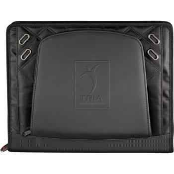 elleven Zippered Padfolio - Zippered closure. Techtrap elastic interior organizer. Holds an iPad.  Front cover access pocket with business card holders and media organizers. 4 USB memory flash drive holders. 2 business card holders. Elastic pen loop.  Gusseted document pocket. Includes 8.5" x 11" elleven™ series writing pad.