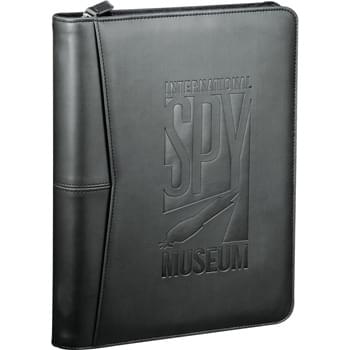 Pedova Portfolio - Zippered closure. Interior organizational panel features pen loop, USB memory pocket, gusseted multi-functional pocket, five business card pockets and a mesh ID window. File pocket.  Features 1" metal three-ring binder.  Includes 8.5" x 11" writing pad.