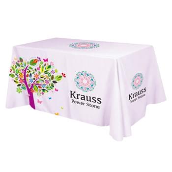 Flat All Over Dye Sub Table Cover - 3-sided, fits 6' table - Made Of 100% Premium Quality Polyester (5 Oz. /Sq. Yard) | Fits Table Size: 72" W x 29" H x 30" D | Covers Three Sides Of A 6 Foot Standard Table With Open Back | Only Available On White Polyester Base Color Table Cover | Rounded Corners | Washable | Flame Retardant NFPA 701 Standard | Easy To Store And Ship