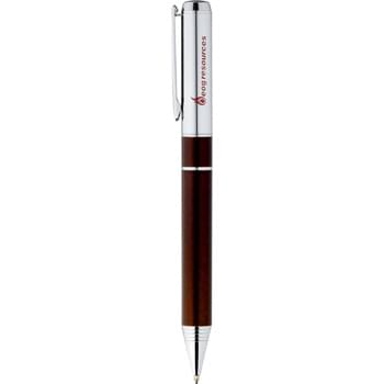 Stratford Ballpoint - CLOSEOUT! Please call to confirm inventory available prior to placing your order!<br />Exclusive  design. Striking chocolate bottom barrel with matching band accents paired with high gloss chrome upper barrel and detailing. Pen includes premium black ballpoint ink cartridge.