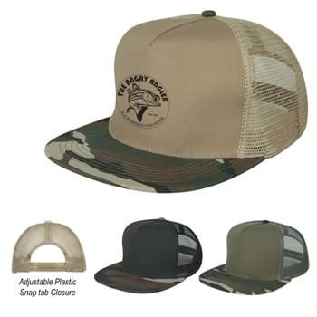 Flat Bill Camo Cap - CLOSEOUT! Please call to confirm inventory available prior to placing your order!<br />100% Polyester Cap With Cotton Bill | 5 Panel, Medium Profile | Structured Crown & Flat Bill Visor   | Mesh Back With Adjustable Plastic Snap Tab Closure