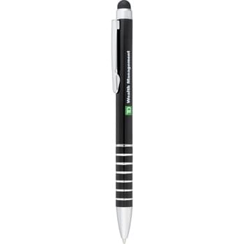 Preston Dual Ballpoint Stylus - The Preston Dual Ballpoint Stylus combines a classic ballpoint silhouette with the added stylus function. Grip is artfully textured with chrome rings. Retractable twist action mechanism with standard blue ballpoint ink cartridge.