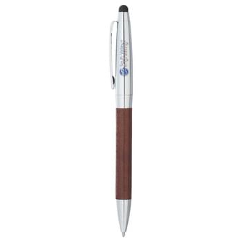 Abruzzo Ballpoint Stylus - CLOSEOUT! Please call to confirm inventory available prior to placing your order!<br />Exclusive  design. Vinyl wrapped bottom barrel with shiny chrome upper barrel. Soft rubber stylus tip is integrated into the end cap of pen and eliminates fingerprints and smudges on your device. Compatible with any capacitive touchscreen device including iPhone, iPad, Blackberry, and Android OS Tablets or Smartphones. Also ideal for any public touchscreen uses such as ATM or retail payment pads. Complement to Abruzzo sta