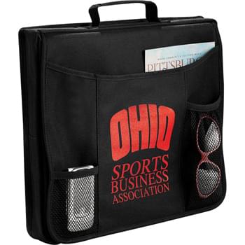 Game Day Seat Cushion - 1"-thick foam interior. Light weight with handle to make the seat easily transportable. Flap down organizational panel with compartments for holding a water bottle, program, blanket and all other game day essentials.