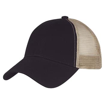 Washed Cotton Mesh Back Cap - CLOSEOUT! Please call to confirm inventory available prior to placing your order!<br />100% Washed Cotton Twill Crown | 6 Panel, Low Profile | Unstructured Crown & Pre-Curved Visor | Cotton Twill Sweatband | Mesh Back With Adjustable Plastic Snap Tab Closure
