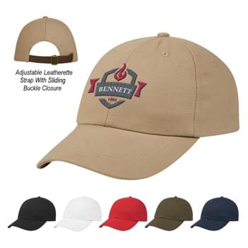 Washed Cotton Chino Cap - CLOSEOUT! Please call to confirm inventory available prior to placing your order!<br />100% Cotton Chino Twill, Garment Washed | 6 Panel, Medium Profile | Unstructured Crown & Pre-Curved Visor | Breathable Mesh Lining | Cotton Twill Sweatband | Adjustable Leatherette Strap With Sliding Buckle