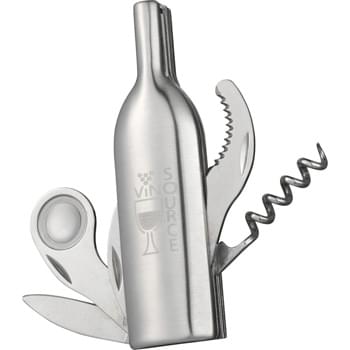 Wine & Spirit Companion - Clever bottle-shaped tool serves five unique functions. Functions include corkscrew, bottle opener, knife blade, serrated blade and magnifying glass for label reading.