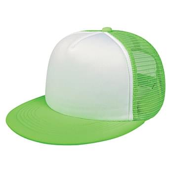 Flat Bill Trucker Cap - 100% Polyester Foam Crown | 5 Panel, Medium Profile | Structured Crown & Flat Bill Visor | Mesh Back With Adjustable Plastic Snap Tab Closure