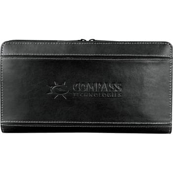 Metropolitan® Deluxe Travel Wallet - This leather travel wallet can double as creative gift packaging. Fill it with tickets to special events, travel vouchers and itineraries, or gift certificates before giving it to customers or employees. It features a removable passport holder for added flexibility and convenience when traveling overseas. Pocket with ID window for driver’s license. Ticket sleeve. Button-down coin pocket. Multiple card slots. Pen holder. Zippered closure.