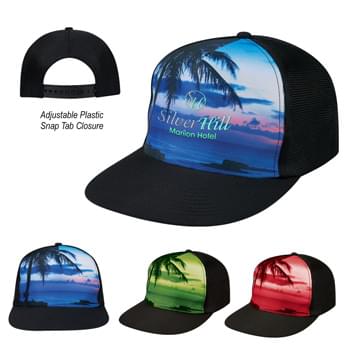 Tropical Flat Bill Cap - CLOSEOUT! Please call to confirm inventory available prior to placing your order!<br />100% Polyester Cap With Cotton Bill | 5 Panel, Medium Profile | Structured Crown & Flat Bill Visor | Mesh Back With Adjustable Plastic Snap Tab Closure