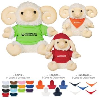 8 1/2" Rowdy Ram - CLOSEOUT! Please call to confirm inventory available prior to placing your order!<br />14 Popular Shirt Colors | 5 Popular Hoodie Or Bandana Colors | These Cute, Cuddly Animals Are A Great Way To Show Your Logo And Get Your Message Across