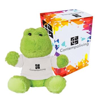 6" Fantastic Frog With Custom Box - 14 Popular Shirt Colors | These Cute, Cuddly Animals Are A Great Way To Show Your Logo And Get Your Message Across |Shirts: Black, Light Blue, Brown, Gray, Forest Green, Lime Green, Navy, Athletic Gold, Orange, Pink, Purple, Red, Royal Blue or White. (Must Specify On Order).