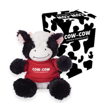 6" Cuddly Cow With Custom Box - 14 Popular Shirt Colors | These Cute, Cuddly Animals Are A Great Way To Show Your Logo And Get Your Message Across | Shirts: Black, Light Blue, Brown, Gray, Forest Green, Lime Green, Navy, Athletic Gold, Orange, Pink, Purple, Red, Royal Blue or White. (Must Specify On Order).