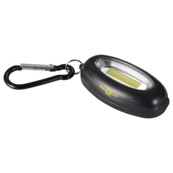 COB Keylight with Carabiner - CLOSEOUT! Please call to confirm inventory available prior to placing your order!<br />3 function COB carabiner light includes magnet on the bottom for hands free illumination on a metal surface.  3 functions are push button on/off bright, less bright and flashing. 35 lumen.  Includes 2 CR2032 button cell batteries.