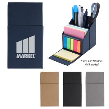 Note Folding Desk Caddy - CLOSEOUT! Please call to confirm inventory available prior to placing your order!<br />Notes In Various Colors | Mylar Sticky Flags In 5 Neon Colors | 3" x 3" Loose Note Paper In 4 Colors | 3" x 2" Sticky Notes | Built-In Pen Holder