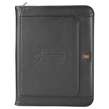 Wenger Exec Leather Zippered Padfolio Bundle Set - Set includes 9355-10 Wenger Executive Leather Zippered Padfolio with 1065-11 Wenger Expedition Twist. Zippered closure. Front  pocket. Snap back USB memory flash drive pocket, gusseted documents pocket, clear ID  window, Wenger Swiss Army Knife & pen pocket, business card pockets, storage pocket  with Velcro closure, and 3 elastic storage loops for USB memory flash drives, pens or Wenger Swiss Army knives. Includes 8.5" x 11"  Wenger lined writing pad. Signature Wenger lining. 