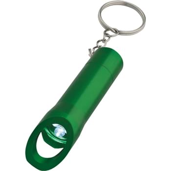 Aluminum LED Flashlight With Bottle Opener - CLOSEOUT! Please call to confirm inventory available prior to placing your order!<br />3 White LED Lights | Button Cell Batteries Included | Push Button To Turn On/Off