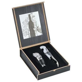 Belgio 2 Piece Wine Opener and Pourer Ensemble - Two piece set includes stainless steel waiter corkscrew and a bottle pourer/stopper combination presented in a contemporary, retail-inspired wooden storage box.  