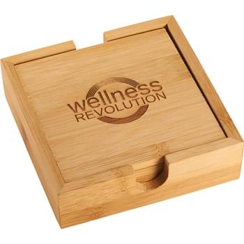 Bamboo Coaster Set - This five piece coaster set includes four bamboo coasters with a bamboo caddy to easily store the coasters. The coasters stack neatly in the caddy and put any logo prominently on display.