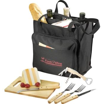 Modesto Picnic Carrier Set - Showcase this picnic set when entertaining clients outdoors. 7-piece set includes a wine opener, two stainless steel knives and forks with polished wood handles, a polished wood cutting board, zippered canvas wrap and canvas tote that holds three bottles of wine. Durable straps for easy carry.