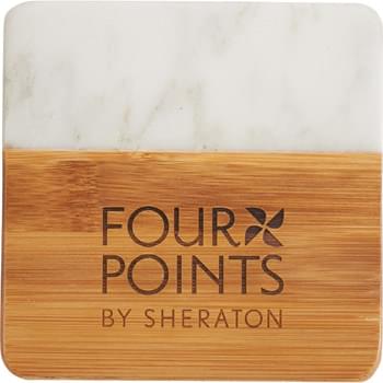 Marble and Bamboo Coaster Set - This chic four piece coaster set is crafted from marble and bamboo.  The coasters are square with rounded corners.  These on trend coasters are perfect for the home or office.