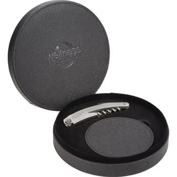 Modena Coaster Set - CLOSEOUT! Please call to confirm inventory available prior to placing your order!<br />The Modena coaster set includes four round coasters and a corkscrew. Each coaster has a detailed UltraHyde top and velvet flocked bottom. The coasters and corkscrew come in a round detailed UltraHyde box for convenient storage.