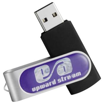 Domeable Rotate Flash Drive 4GB - Flash drive folds into a protective aluminum cover. RoHS compliant. Domed decorating method provides logo pop. Plug and play technology on Windows XP or above and Mac OSX or higher.