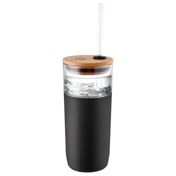 Poppi Glass Tumbler 20oz - Single-wall glass tumbler. Soft, grip sleeve. Bamboo push-on lid, matching Tritan&trade; straw included. Non-slip bottom, fits in most car cup holders.  Do not freeze or microwave. Choose between color imprinting or our new cutting edge, dishwasher safe, laser