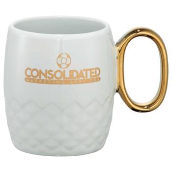 Juno Ceramic Mug 13oz - CLOSEOUT! Please call to confirm inventory available prior to placing your order!<br />Part of our Bold Geometry trend collection this style is defined by angles that create a great tactile and visual experience. Fancy golden plated handle.  exclusive. 13oz.
Disclaimer:  No color match for the handle.