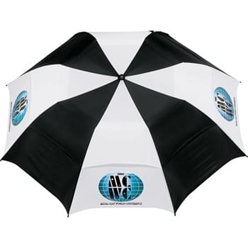 58" Vented Auto Open Folding Golf Umbrella - CLOSEOUT! Please call to confirm inventory available prior to placing your order!<br />Automatic opening. Large vented pongee canopy with matching color case. Umbrella case includes a shoulder strap. Sturdy two-section hexagonal folding metal shaft. Fiberglass ribs. Gentle foam handle with wrist strap. Folds to 21" long. Available for one-day turn with Sureship®.