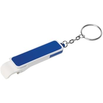 Bottle Opener/Phone Stand Key Chain - CLOSEOUT! Please call to confirm inventory available prior to placing your order!<br />Opens Bottles And Flip-Top Cans   | Slide Out Phone Stand   | Split Ring Attachment