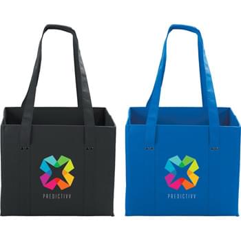 100g Non-Woven Collapsible Tote - 100g non-woven material with supportive board re-inforced on all sides including sewn in bottom board. This tote can completely collapse flat for easy storage when not in use. 12.5'' grab handles.
