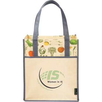 Matte Laminated Non-Woven Vintage Big Grocery Tote - Organic veggies and antique kitchen utensils take center stage in this vintage print. Perfect alternative to plastic bags. Large open main compartment. Supportive bottom board. Contrasting regular polypropylene front open pocket. Matte finish. Laminated material is water-resistant and easily wipes clean. Reinforced handles and binding for added durability.  10" handle drop height.
