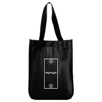 Mini Laminated Non-Woven Shopper Tote - Perfect alternative to plastic bags. Open main compartment with snap closure. Laminated material is water-resistant and easily wipes clean. 8" drop handles.