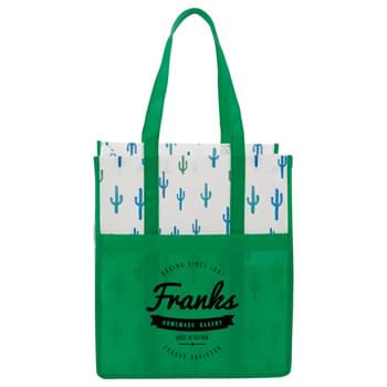 Cactus Laminated Shopper Tote - Perfect alternative to plastic bags. Open main compartment with front slash pocket. Laminated material is water-resistant and easily wipes clean. 9" drop handles.