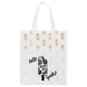 Pineapple Laminated Shopper Tote - Perfect alternative to plastic bags. Open main compartment with front slash pocket. Laminated material is water-resistant and easily wipes clean. 9" drop handles.