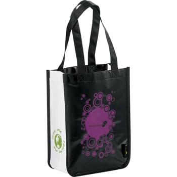 Laminated Non-Woven Small Shopper Tote - Perfect alternative to plastic bags. Open main compartment. Laminated material is water-resistant and easily wipes clean. Polypropylene non-woven reinforced handles and binding for added durability. 8" handle drop height.