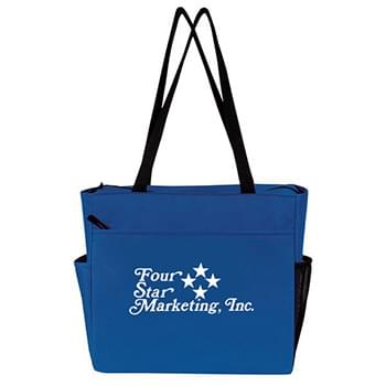 Onward Traveler Tote - Made of Polycanvas 600D. Durable & functional zippered large compartment tote bag w/luggage loop feature on back for easy transport. Front zippered pocket for additional storage (fits up to a 10” tablet w/case). ID window on back (not shown). Mesh & self fabric deep pocket on both sides for water bottle or additional items. Wide 6.5” gusset, 28” reinforced web handles. Meets CPSIA & Prop65 on Lead & Phthalates. Spot Clean/Air-Dry.