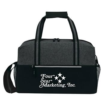 Double Zip Duffel Bag - Made of Polycanvas 600D. Double zippered spacious main compartment w/classic appeal duffle bag. Gray accent Front zippered pocket for accessories. Large mesh bottle pocket on both sides. ID window on back (not shown). 9” wide gusset w/ built-in padded bottom for adding stability (not shown). Adjustable shoulder strap & carry handles w/comfort grip. Meets CPSIA & Prop65 on Lead & Phthalates. Spot Clean / Air Dry.