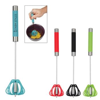 Stainless Steel Dart Whisk - CLOSEOUT! Please call to confirm inventory available prior to placing your order!<br />Easy To Use Spring Action  | Rotating Whisk  | Stainless Steel With Rubber Handle And Whisk | Push Down On Handle To Spin Whisk | Meets FDA Requirements  | BPA Free | Hand Wash Recommended