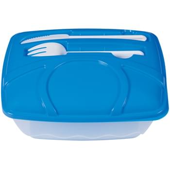 Wave Lunch Container - CLOSEOUT! Please call to confirm inventory available prior to placing your order!<br />Microwave Safe | Includes Plastic Fork And Knife | Meets FDA Requirements | BPA Free | Hand Wash Recommended